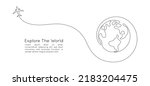 One continuous line drawing of Earth globe with airplane. Flight route path on world map in simple linear style. Travel and flight airline web banner. Editable stroke. Doodle vector illustration