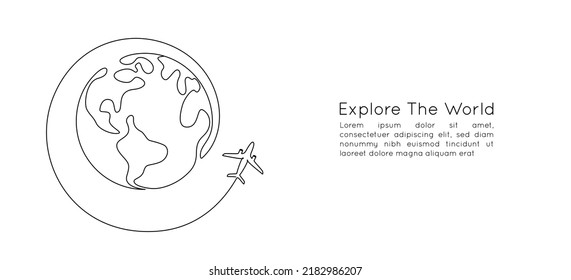 One continuous line drawing of Earth globe with airplane. Flight route path on world map in simple linear style. Travel and flight airline symbol concept. Editable stroke. Doodle vector illustration - Shutterstock ID 2182986207