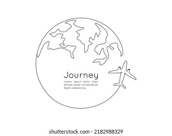 One continuous line drawing of Earth globe with airplane. Flight route path on world map in simple linear style. Travel and flight airline symbol concept. Doodle vector illustration