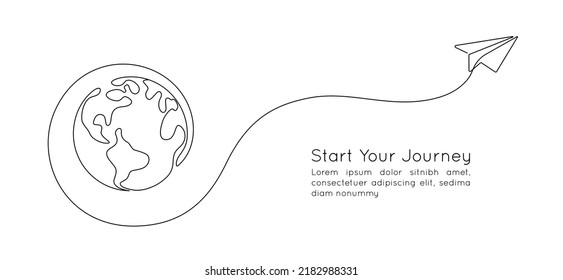 One continuous line drawing of Earth globe with paper airplane. Flight route path on world map in simple linear style. Travel and flight airline. Editable stroke. Doodle vector illustration - Shutterstock ID 2182988331