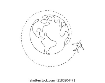 One continuous line drawing of Earth globe with airplane and dach path. Flight route on world map in simple linear style. Travel and airline symbol concept. Editable stroke. Doodle vector