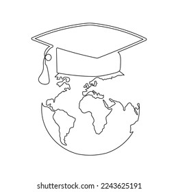 Un dibujo de línea continua del globo terrestre con el dibujo de la línea del doodle del mapa mundial de la graduación. Concepto gráfico dibujado a mano para la educación. Aislado sobre fondo blanco. Ilustración del vector