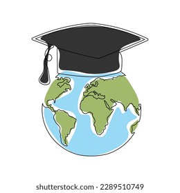 One continuous line drawing of Earth globe with graduation hat.World map doodle line drawing. Hand drawn graphic concept for education. Isolated on white background. Vector  illustration