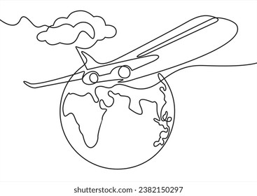 One continuous line drawing of Earth globe with airplane. Flight route path on world map in simple linear style. Travel and flight airline symbol concept. Editable stroke. Doodle vector illustration