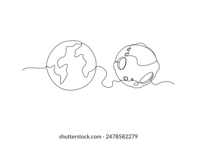 One continuous line drawing of earth and moon in outer space. Outer space and astronaut minimalist universe concept. Dynamic single line draw design vector graphic illustration