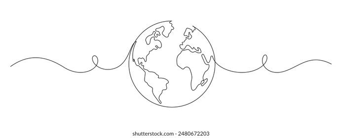 One continuous line drawing of Earth globe. World map and planet symbol in simple linear style. Travel and flight concept in editable stroke. Doodle contour vector illustration