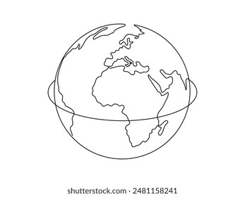 Eine durchgehende Linienzeichnung des Erdglobus. Weltkarte und Planetensymbol im einfachen linearen Stil. Reise- und Flugkonzept in editierbarem Strich. Doodle-Outline-Vektorillustration