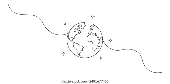 One continuous line drawing of Earth globe in outer space. World map and planet symbol in simple linear style. Travel and flight concept in editable stroke. Doodle contour vector illustratio