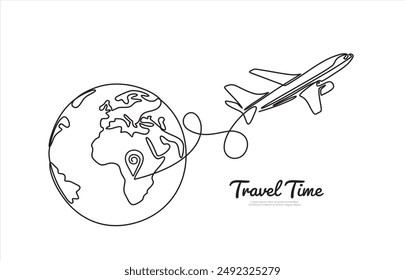 One continuous line drawing of Earth globe with airplane. Flight route path on world map in simple linear style. Travel and flight airline web banner. Editable stroke. Doodle vector illustration
