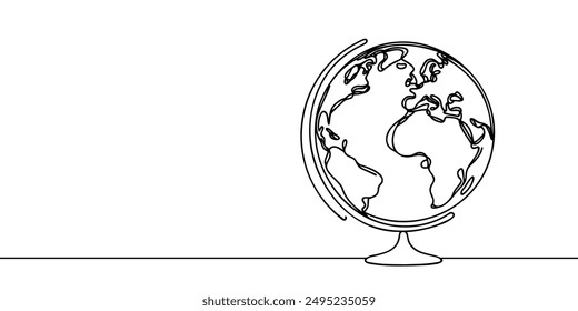 Una línea continua de dibujo del globo terrestre. Mapa del mundo en estilo lineal simple. Concepto de viaje y vuelo en trazo editable. Ilustración vectorial de Doodle