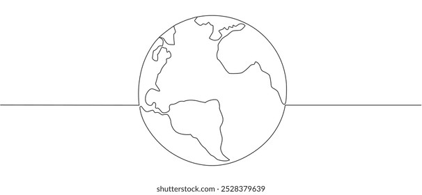 One continuous line drawing of Earth globe. World map and planet symbol in simple linear style. Travel and flight concept in editable stroke. Doodle contour vector illustration