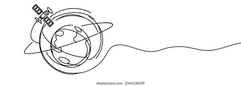 Um desenho de linha contínua da Terra com um satélite