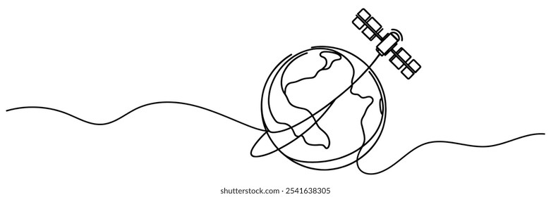 Eine durchgehende Linienzeichnung der Erde mit einem Satelliten