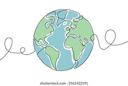 One continuous line drawing of Earth globe. World map in simple linear style. Travel and flight concept in editable stroke. Doodle vector illustration