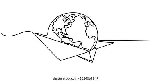 One continuous line drawing of Earth with paper airplane, Continuous line drawing of planet earth in world care concept thin line illustration, Paper Plane Single Line Icon.