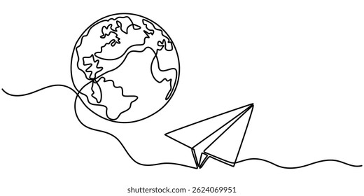 One continuous line drawing of Earth with paper airplane, Continuous line drawing of planet earth in world care concept thin line illustration, Paper Plane Single Line Icon.