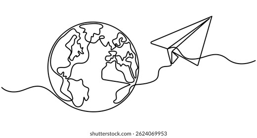 One continuous line drawing of Earth with paper airplane, Continuous line drawing of planet earth in world care concept thin line illustration, Paper Plane Single Line Icon.