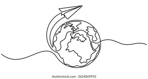 One continuous line drawing of Earth with paper airplane, Continuous line drawing of planet earth in world care concept thin line illustration, Paper Plane Single Line Icon.