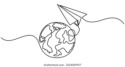 One continuous line drawing of Earth with paper airplane, Continuous line drawing of planet earth in world care concept thin line illustration, Paper Plane Single Line Icon.