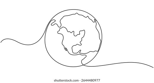 One continuous line drawing of Earth globe with paper airplane, Planet Earth Continuous Line Icon, continuous line drawing of planet earth in world care concept thin line illustration, earth.