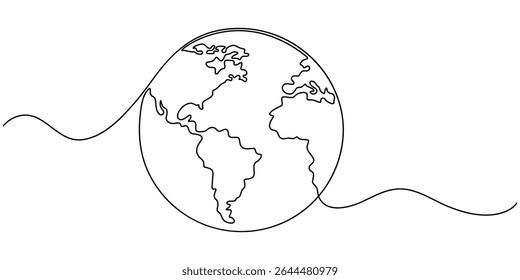 One continuous line drawing of Earth globe with paper airplane, Planet Earth Continuous Line Icon, continuous line drawing of planet earth in world care concept thin line illustration, earth.