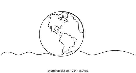 One continuous line drawing of Earth globe with paper airplane, Planet Earth Continuous Line Icon, continuous line drawing of planet earth in world care concept thin line illustration, earth.