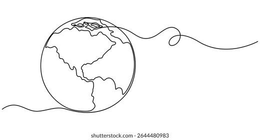 One continuous line drawing of Earth globe with paper airplane, Planet Earth Continuous Line Icon, continuous line drawing of planet earth in world care concept thin line illustration, earth.