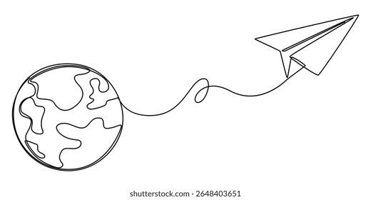 One continuous line drawing of Earth globe with paper airplane, one line, e-mail, message, airline, airplane, ecology, email, paper, lines, aviation, drawing, flight, line vector, air, globe, plane