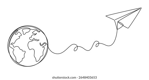 One continuous line drawing of Earth globe with paper airplane, one line, e-mail, message, airline, airplane, ecology, email, paper, lines, aviation, drawing, flight, line vector, air, globe, plane