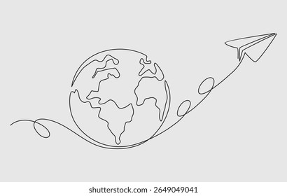One continuous line drawing of Earth globe with paper airplane.
