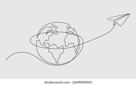One continuous line drawing of Earth globe with paper airplane.