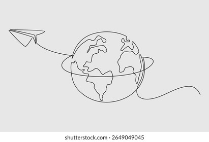 One continuous line drawing of Earth globe with paper airplane.