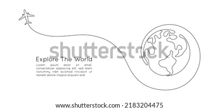 One continuous line drawing of Earth globe with airplane. Flight route path on world map in simple linear style. Travel and flight airline web banner. Editable stroke. Doodle vector illustration
