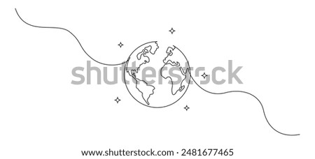 One continuous line drawing of Earth globe in outer space. World map and planet symbol in simple linear style. Travel and flight concept in editable stroke. Doodle contour vector illustratio