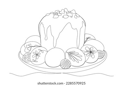 One continuous line drawing of Easter cake and painted eggs on the plate in silhouette sketch on white background. Simple linear style. Doodle vector illustration