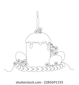 One continuous line drawing of Easter cake, lighted candle, and painted eggs in silhouette sketch on white background. Simple linear style. Doodle vector illustration