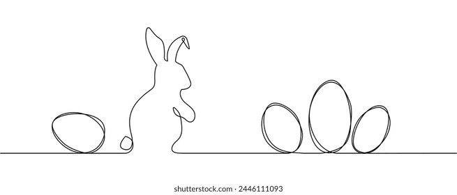 One continuous line drawing of Easter eggs and Easter bunny in simple linear style. Editable stroke. Hand-drawn vector illustration for gritting banner, border, frame.