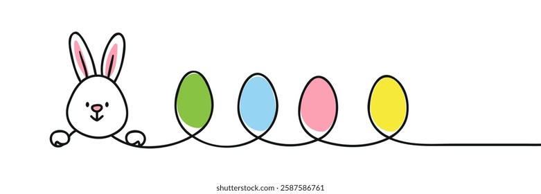 One continuous line drawing of Easter eggs and rabbit. Greeting banner design with bunny and ears in simple linear style. Doodle vector illustration