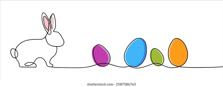 One continuous line drawing of Easter eggs and rabbit. Greeting banner design with bunny and ears in simple linear style. Doodle vector illustration