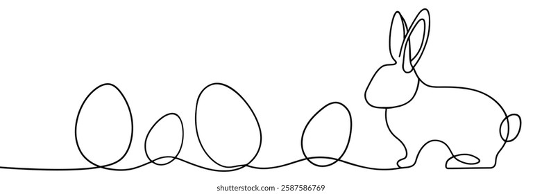 One continuous line drawing of Easter eggs and rabbit. Greeting banner design with bunny and ears in simple linear style. Doodle vector illustration