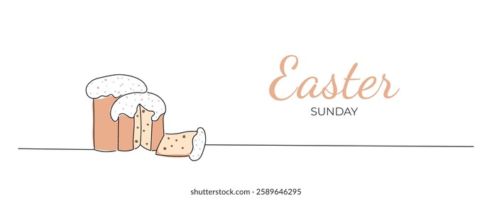 One continuous line drawing of Easter cake. Easter Sunday banner. Editable stroke, vector illustration