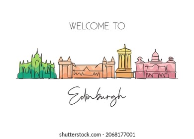 One continuous line drawing of Edinburgh city skyline, Scotland. Beautiful landmark. World landscape tourism and travel vacation. Editable stylish stroke single line draw design vector illustration