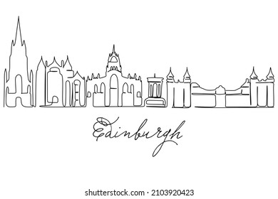 One continuous line drawing Edinburgh city skyline, Beautiful landmark. World landscape tourism travel vacation poster. Editable stylish stroke single line draw design vector illustration