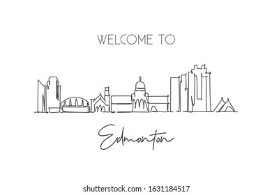 One Continuous Line Drawing Of Edmonton City Skyline, Canada. Beautiful Landmark Wall Decor Poster Print. World Landscape Tourism Travel Vacation. Stylish Single Line Draw Design Vector Illustration