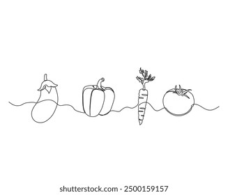 Eine durchgehende Linienzeichnung von Auberginen-, Tomaten-, Karotten-, Rettich- und Paprikagemüse. Gemüse einzeilige Illustration.