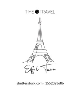 One continuous line drawing Eiffel Tower. Romantic iconic place in Paris, France. Holiday vacation home decor wall art poster print concept. Modern single line draw design graphic vector illustration