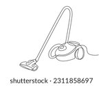 One continuous line drawing of electric vacuum cleaner household appliance. Single line drawing of appliance for cleaning. Editable stroke contour of cleaner. Doodle hand drawn vector Poster template