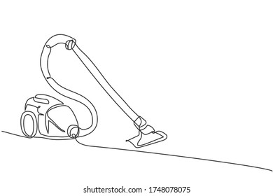 One continuous line drawing of electric vacuum cleaner home appliance. Electricity wireless robot cleaning household tools template concept. Trendy single line draw design vector graphic illustration