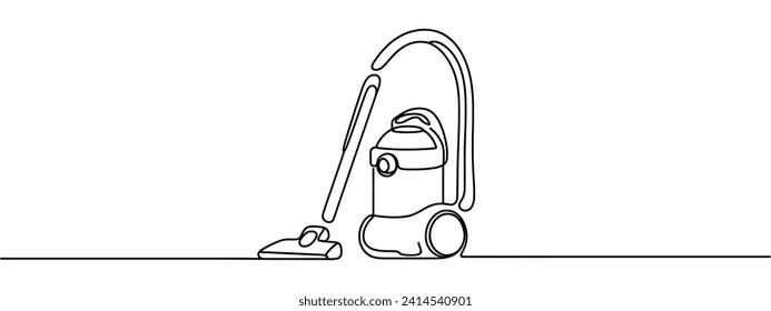 One continuous line drawing of electric vacuum cleaner household appliance. Single line drawing of appliance for cleaning. Editable stroke contour of cleaner. Doodle hand drawn vector Poster template