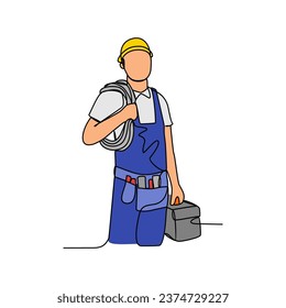 One continuous line drawing of Electrician profession with white background. Electrician profession design concept in simple linear style. Electrician profession design concept vector illustration.